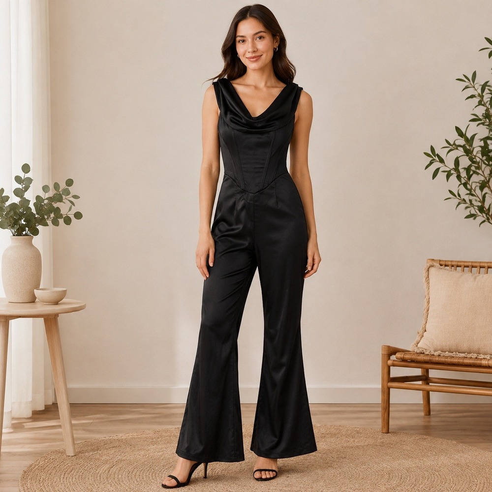 PrettyLittleThing Jumpsuit Women 2 Black Cowl Neck Flare Leg Lined Formal